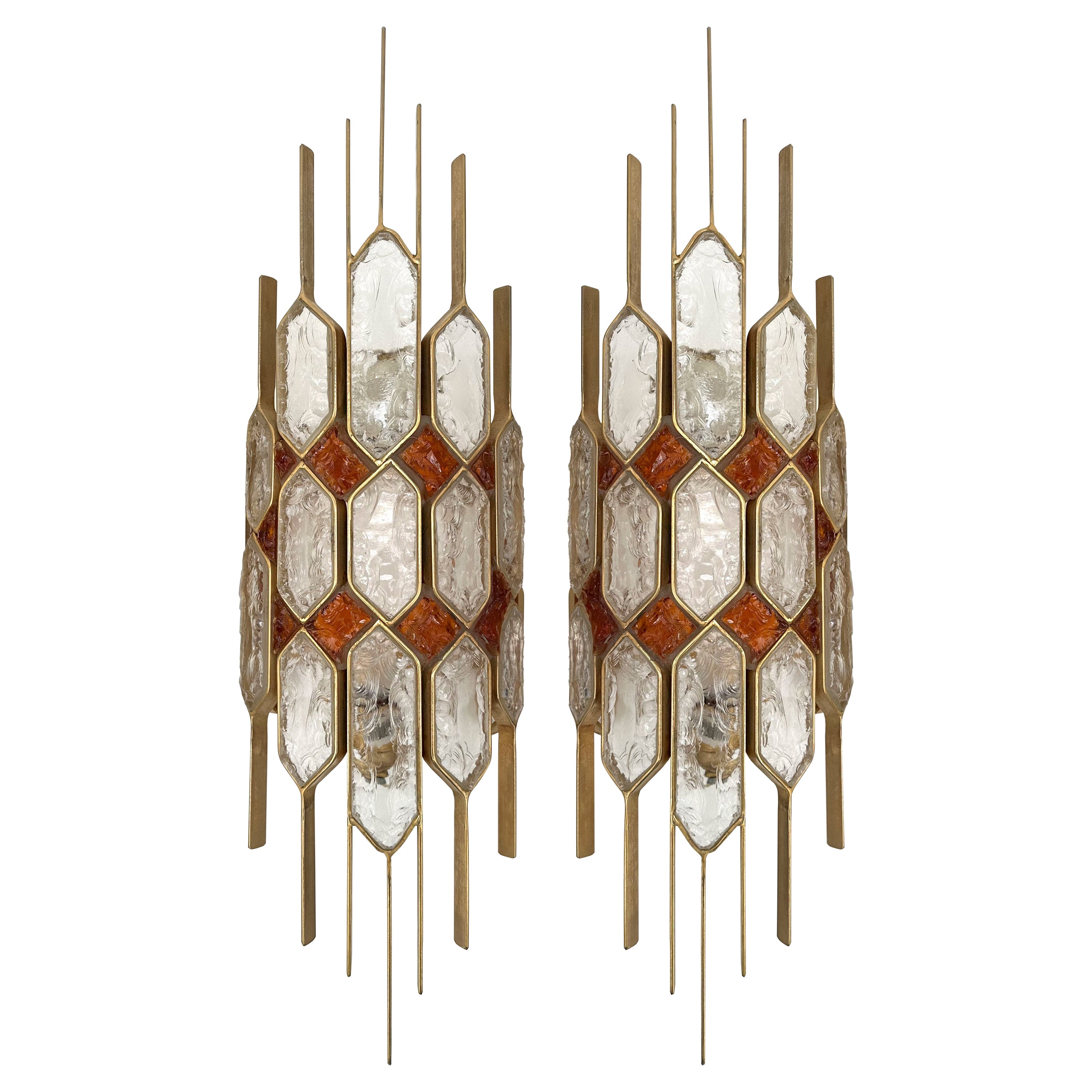 Large Pair of Hammered Glass Gilt Wrought Iron Sconces by Longobard, Italy 1970s