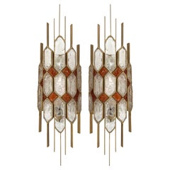 Vintage Large Pair of Hammered Glass Gilt Wrought Iron Sconces by Longobard, Italy 1970s