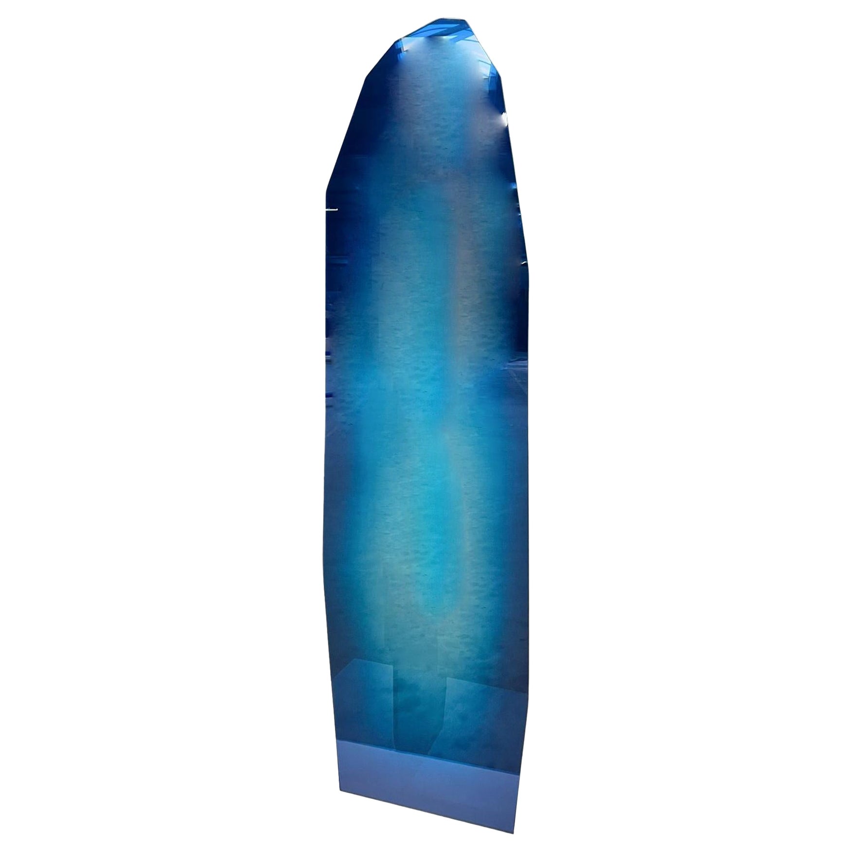 Contemporary Upholstered Iris Floor Mirror, Blue and Copper For Sale at