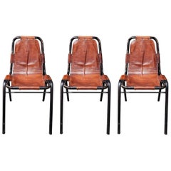 Vintage Set of 3 Leather Chairs by DalVera in style of Charlotte Perriand, France, 1950s