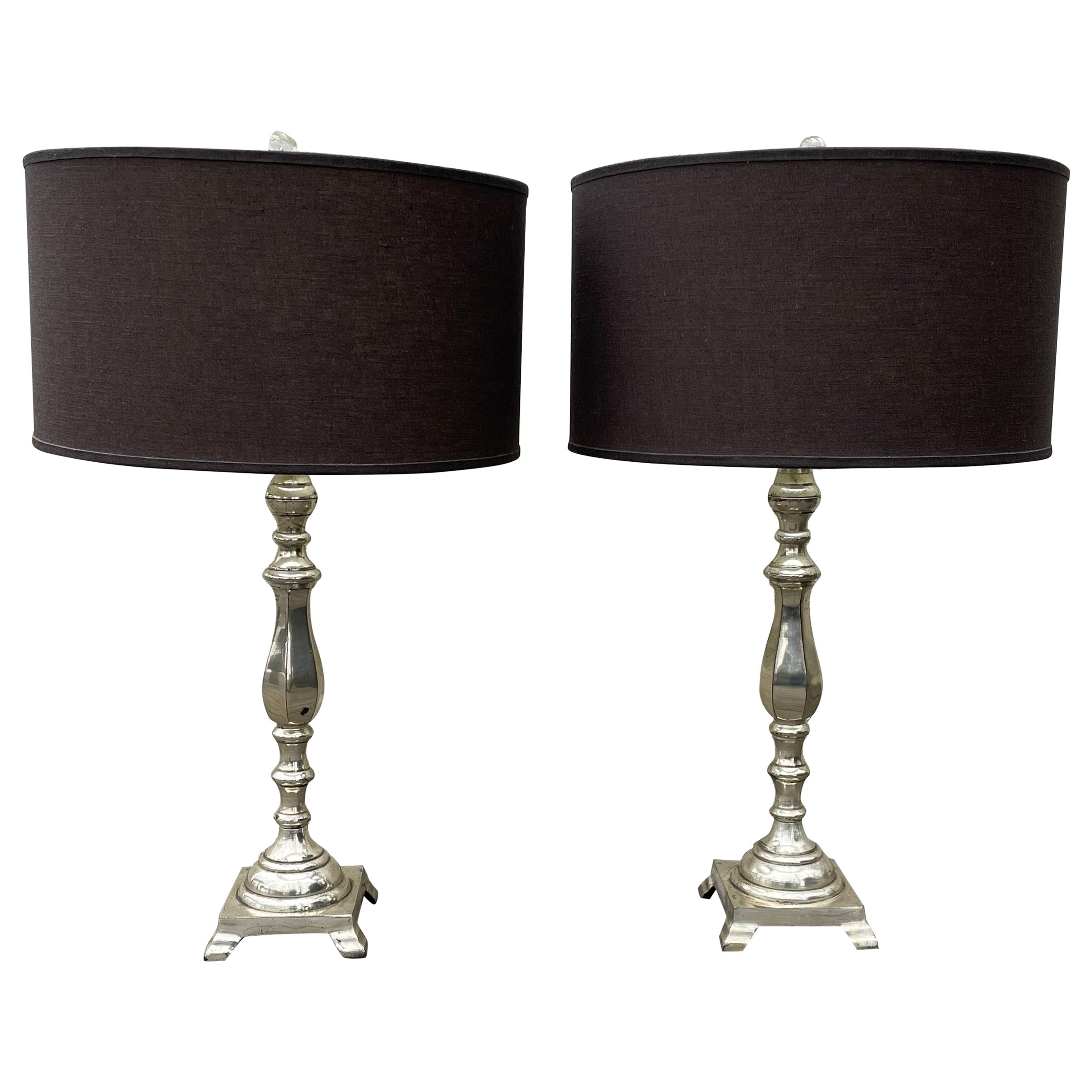 Pair of Silver Plated Hollywood Regency Table Lamps in the Style of Stiffel For Sale