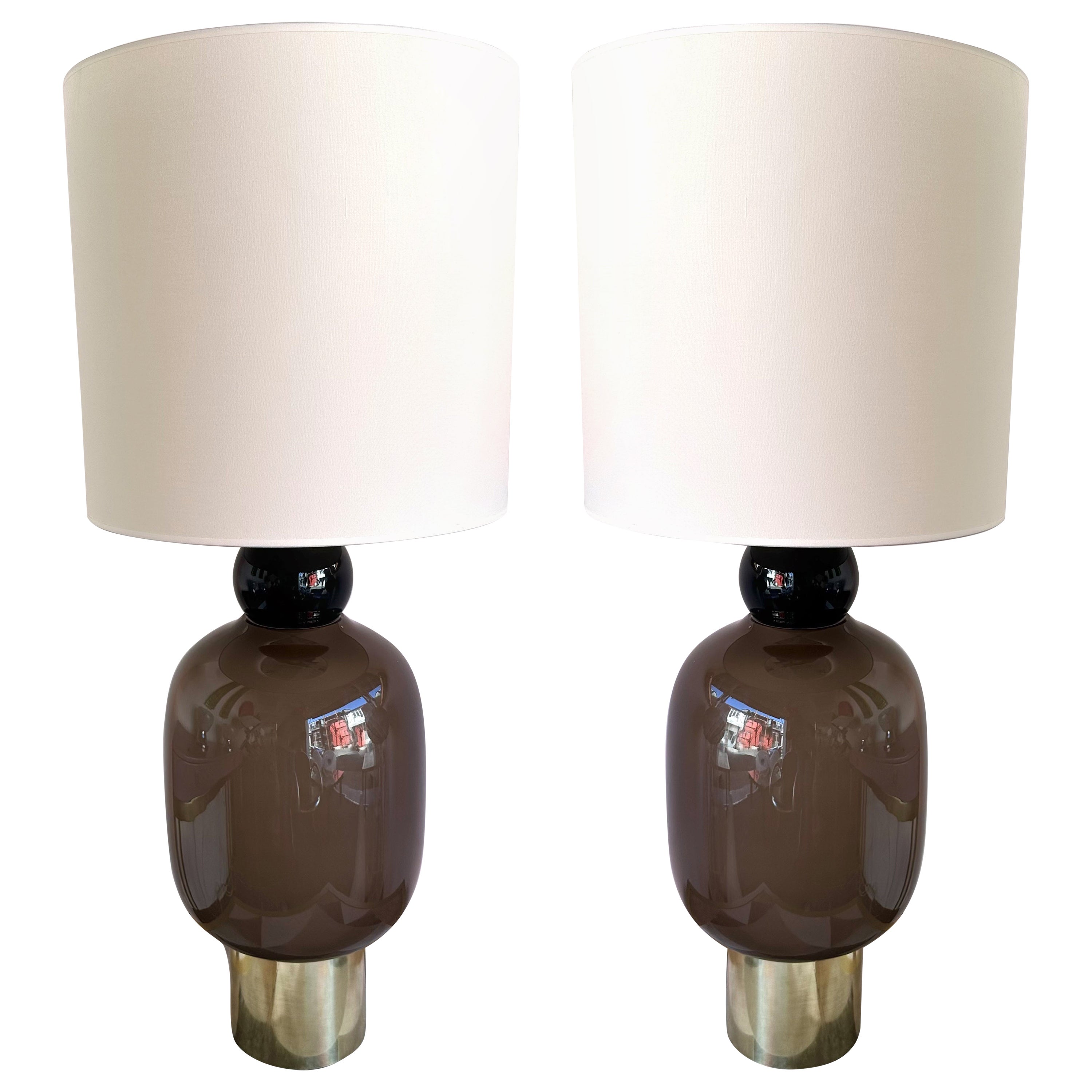 Contemporary Pair of Brass and Murano Glass Lamps, Italy