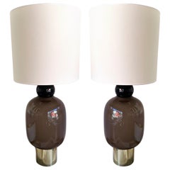 Contemporary Pair of Brass and Murano Glass Lamps, Italy