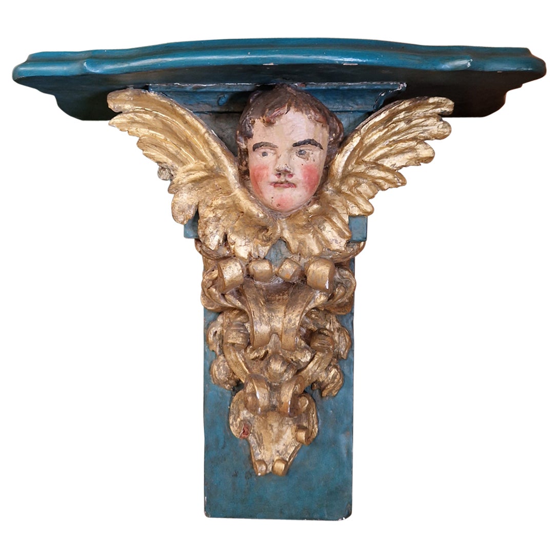 Antique Church Console French Decorative Cherub Turquoise  For Sale
