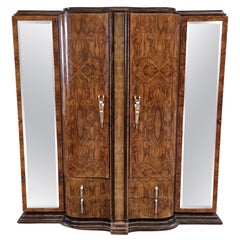 Vintage Art Deco Wardrobe Mid Century Four Door Armoire Burr Walnut 1930s