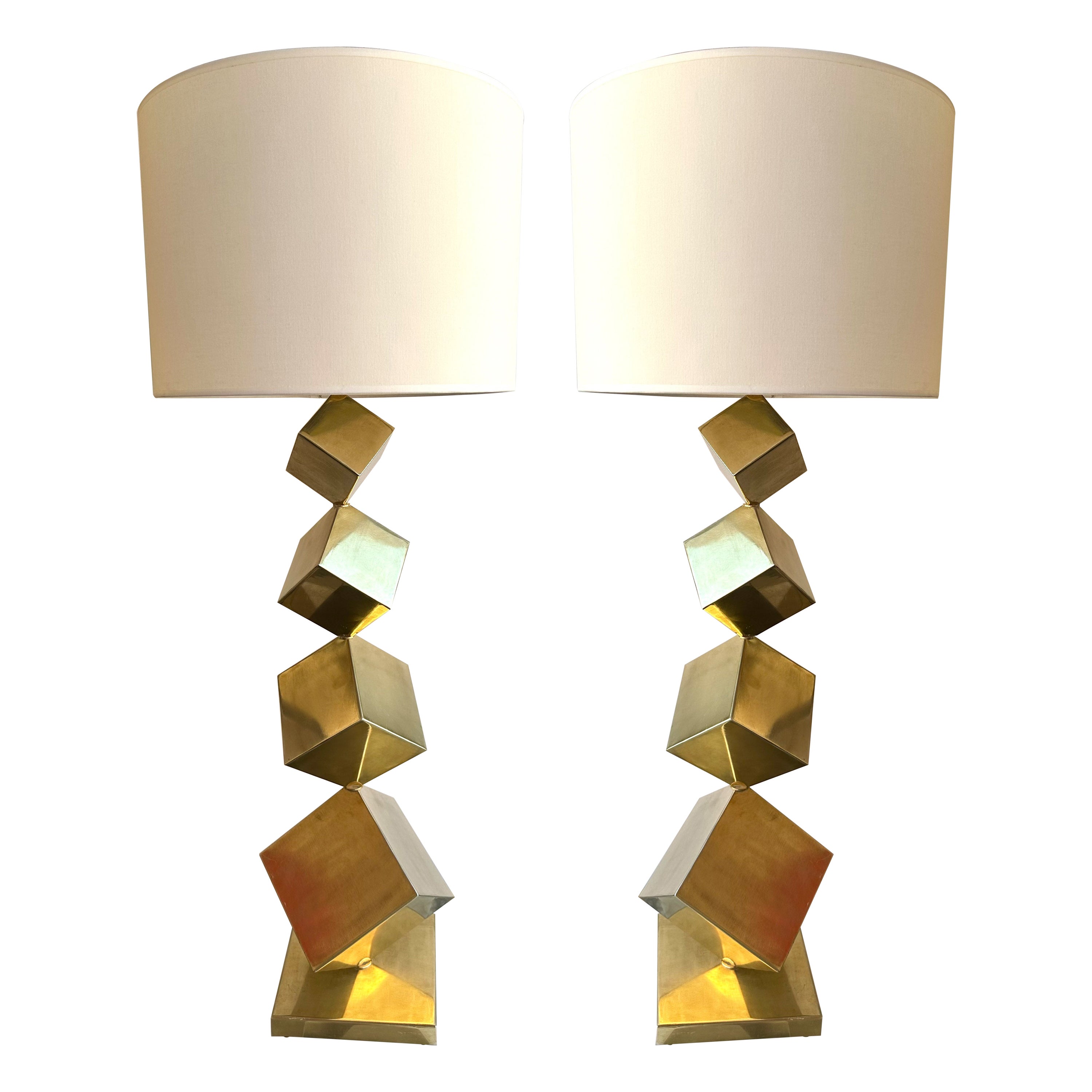 Contemporary Pair of Brass Dice Cube Lamps, Italy