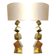 Contemporary Pair of Brass Dice Cube Lamps, Italy