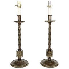 Pair of 20th Century Oscar Bach Cast Bronze Columnar Form Table Lamps 3
