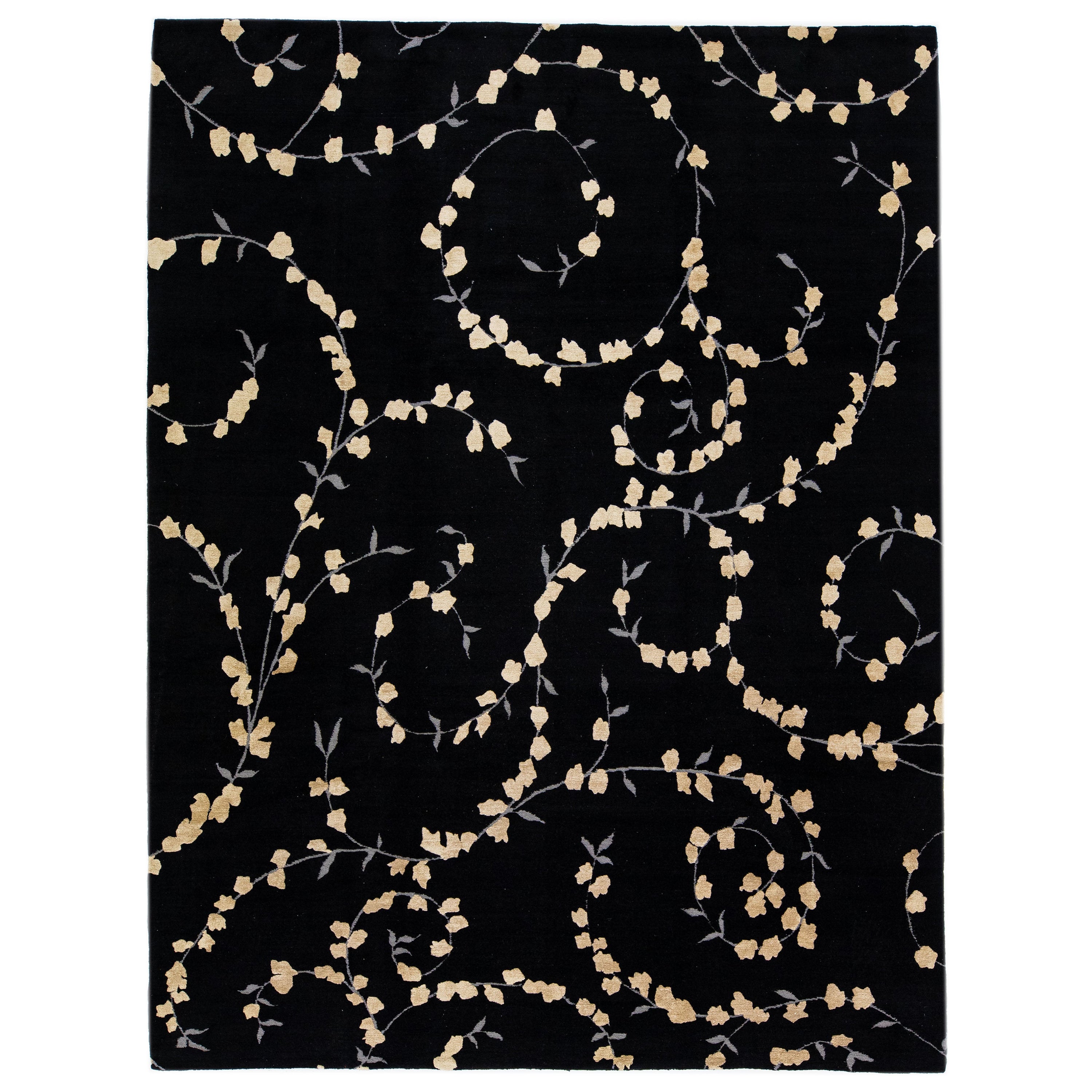 Black Handmade Modern Tibetan Wool & Silk Rug with Scroll Floral Pattern For Sale
