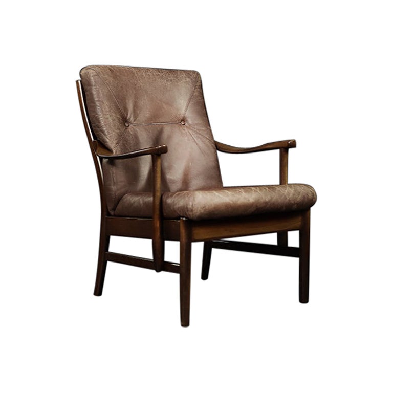 Vintage Midcentury Danish Modern Beech & Brown Leather Armchair from Farstrup For Sale
