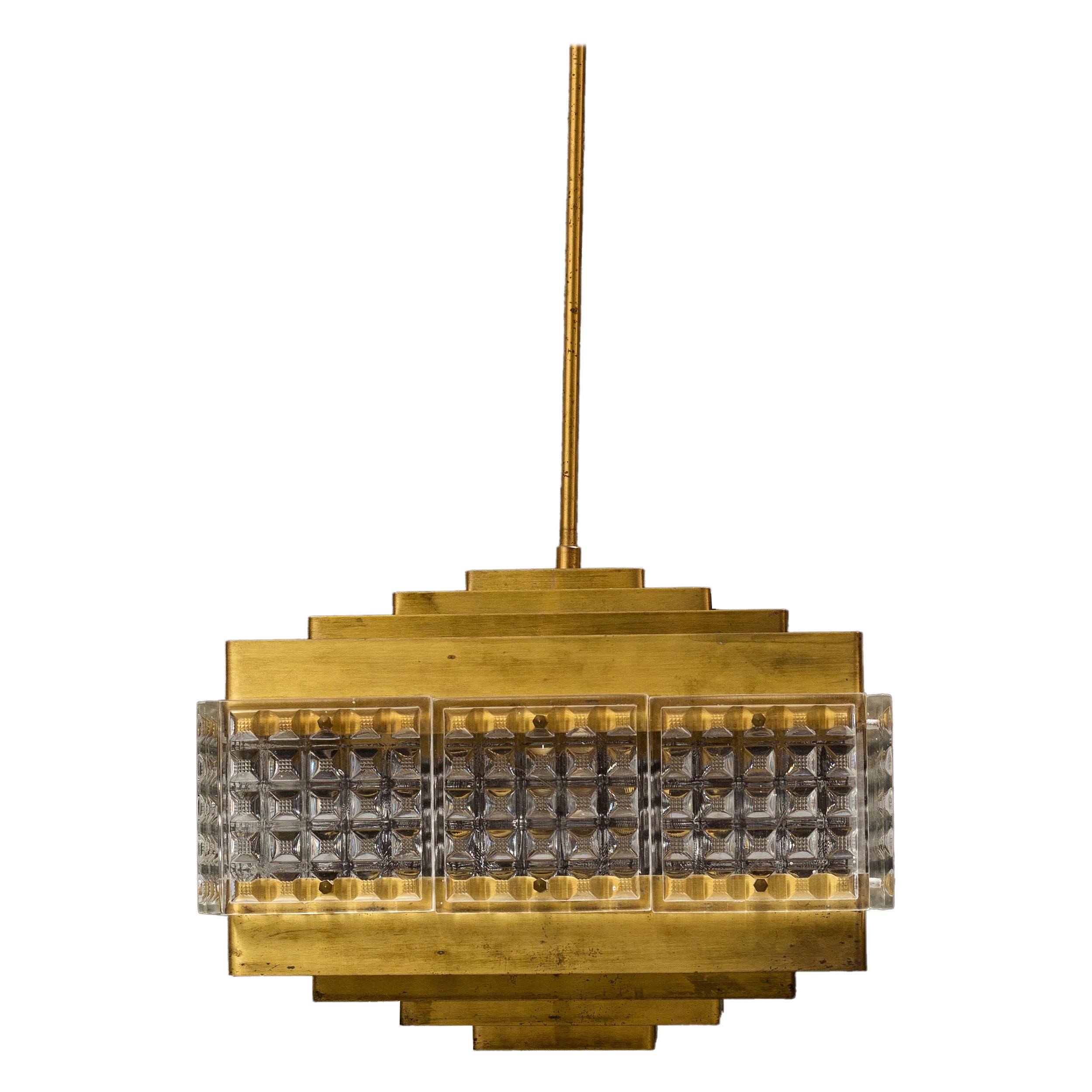 Orrefors Pendant Light Glass and Brass, Sweden, 1960