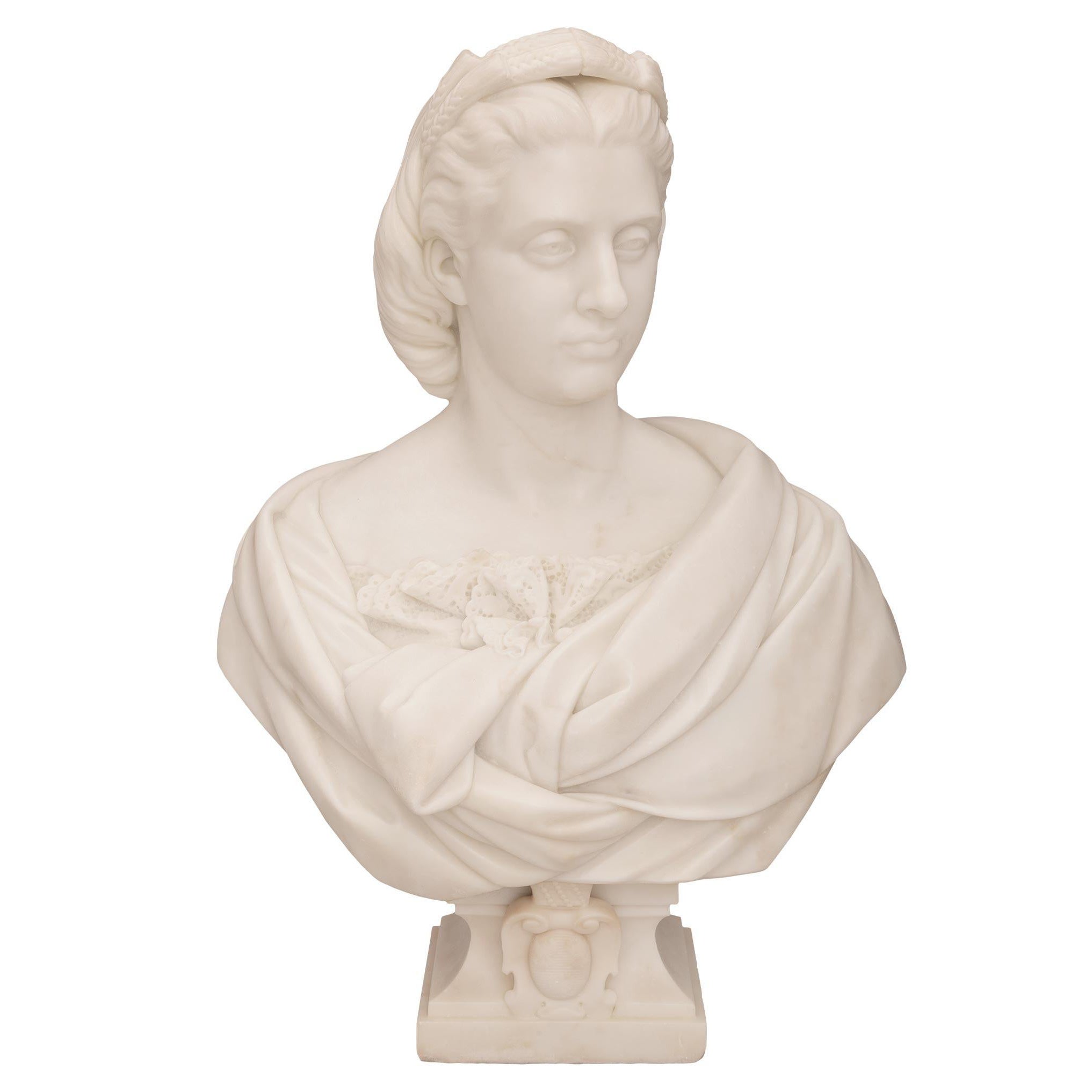 French 19th Century White Carrara Marble Bust Signed Paul Aubé, 1864