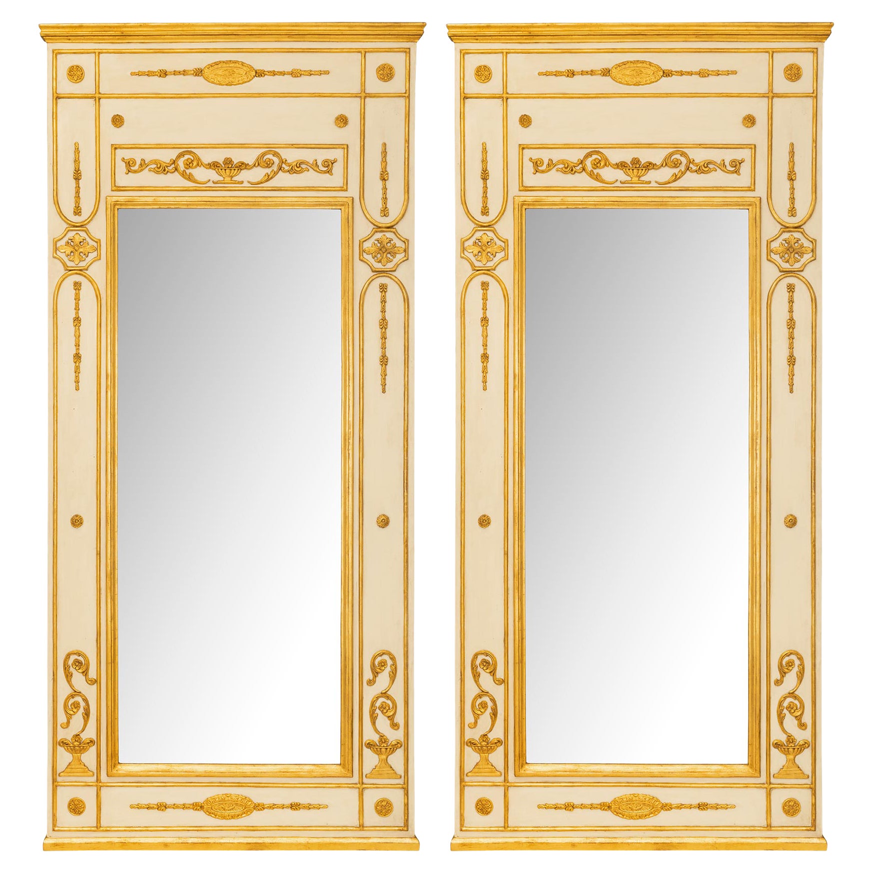 Pair of Italian 18th Century Louis XVI St. Patinated & Giltwood Trumeau Mirrors