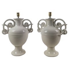 Paire de lampes de bureau italiennes en céramique blanche de Bassanello de style Art nouveau