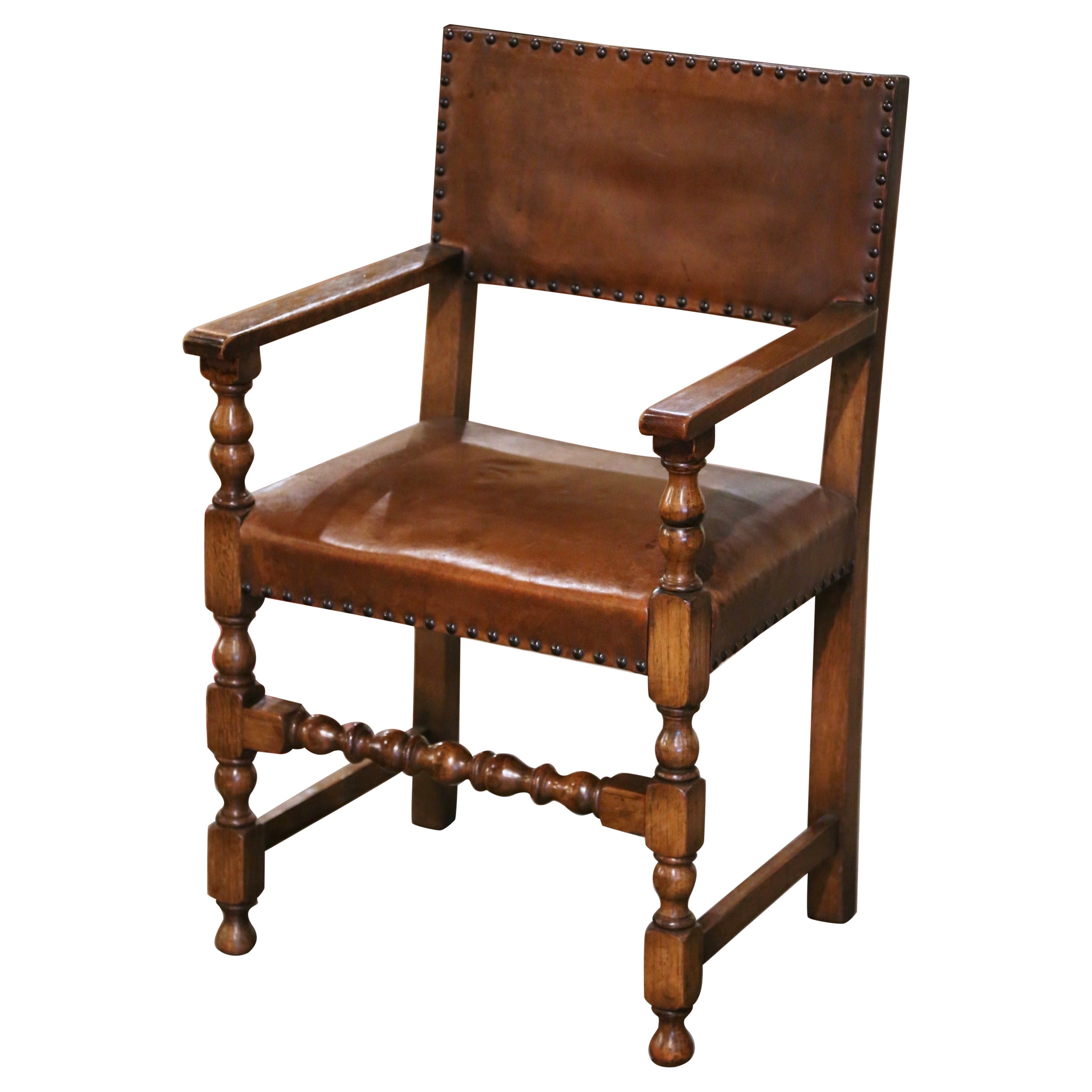 19th Century French Oak and Leather Desk Armchair from the Pyrenees For Sale