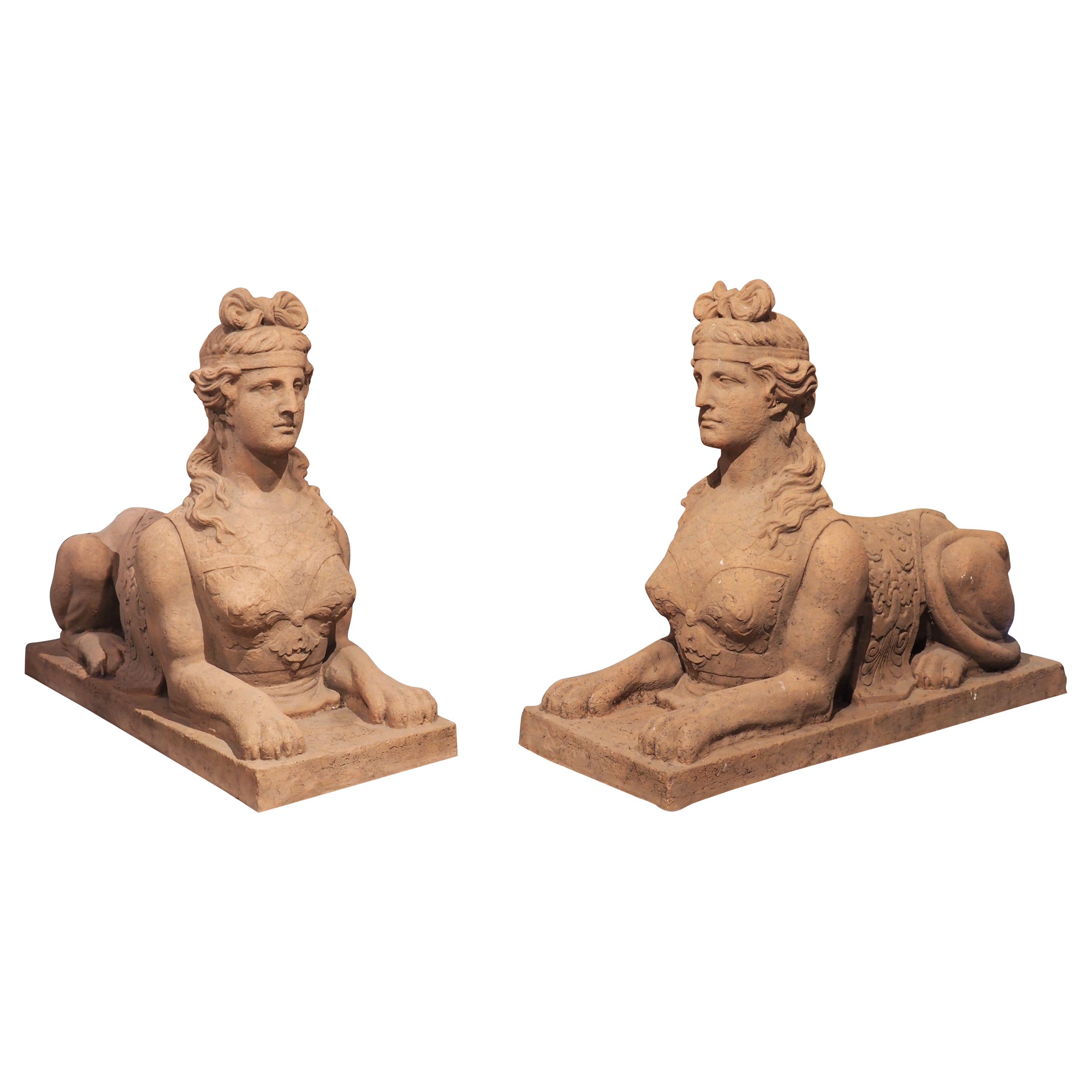 Pair of Antique Red Stoneware Sphinxes, Felix Austin, 1833