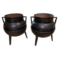 Antique Pair of Ebonized Cast Iron Handled Cauldrons with Tripod Feet