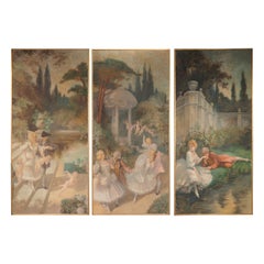 Grande peinture française Fête Galante en triptyque par Arthur Foache, 1871-1967