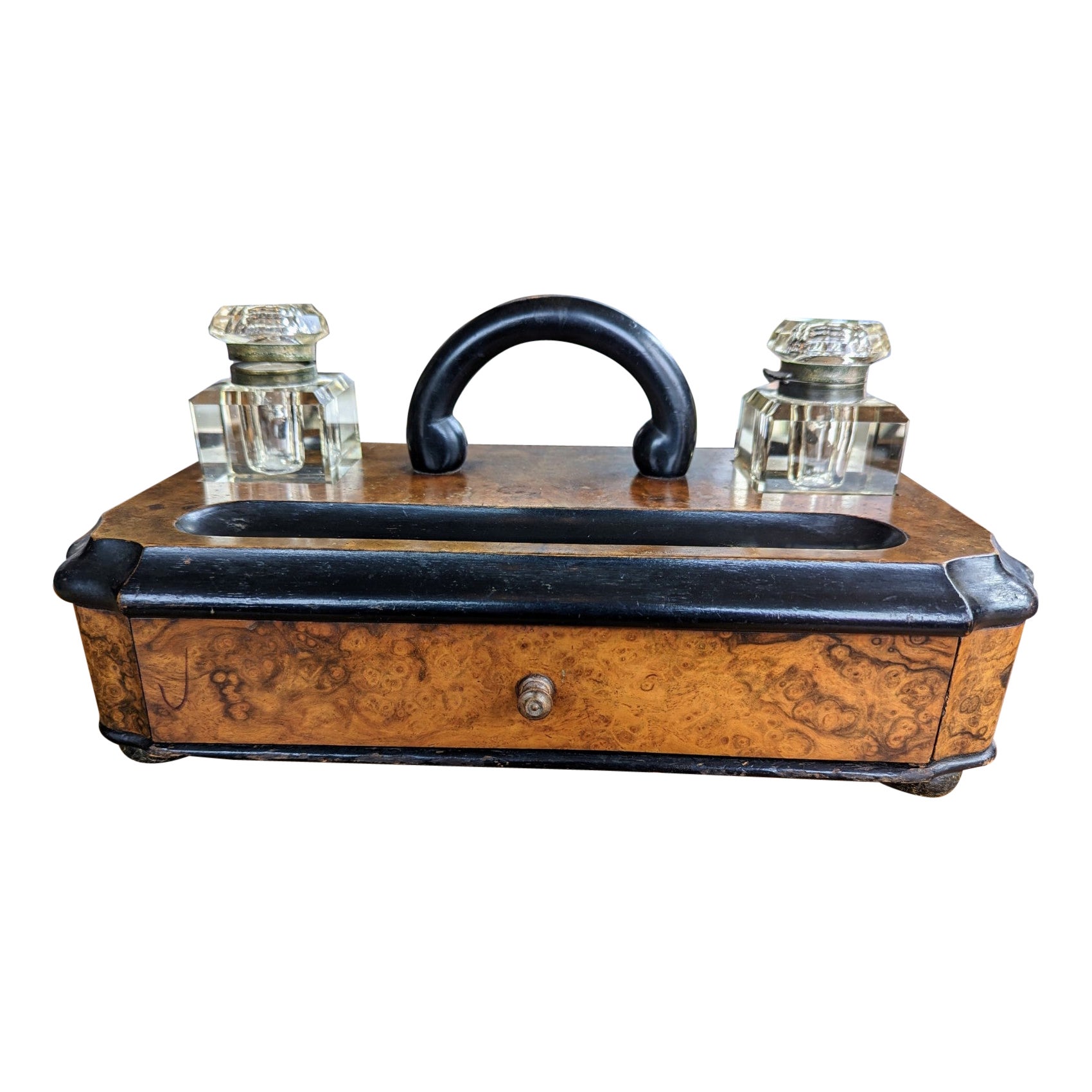 Antique Victorian Burlwood Inkwell Free Standing Desk Set with Drawer and Handle For Sale