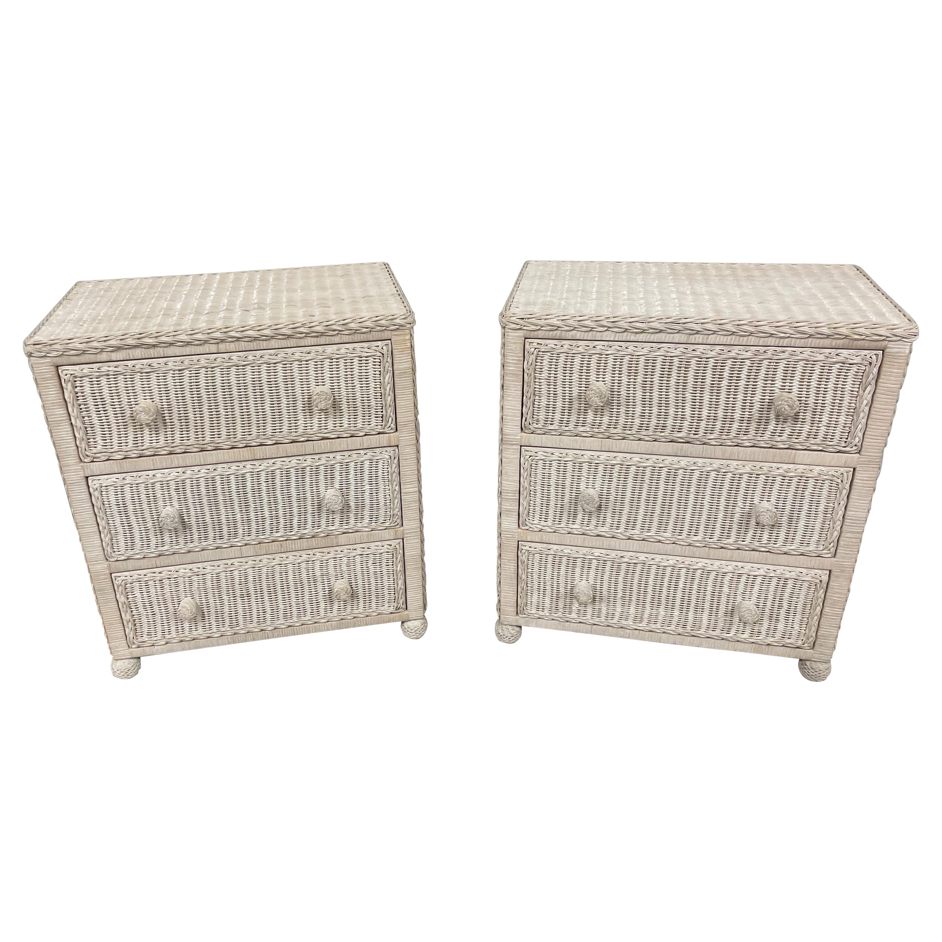 Pair of White Wicker Dressers / Nightstands For Sale