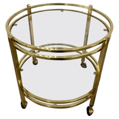 Vintage Small Round Two Tiered Brass & Glass Side Table on Casters