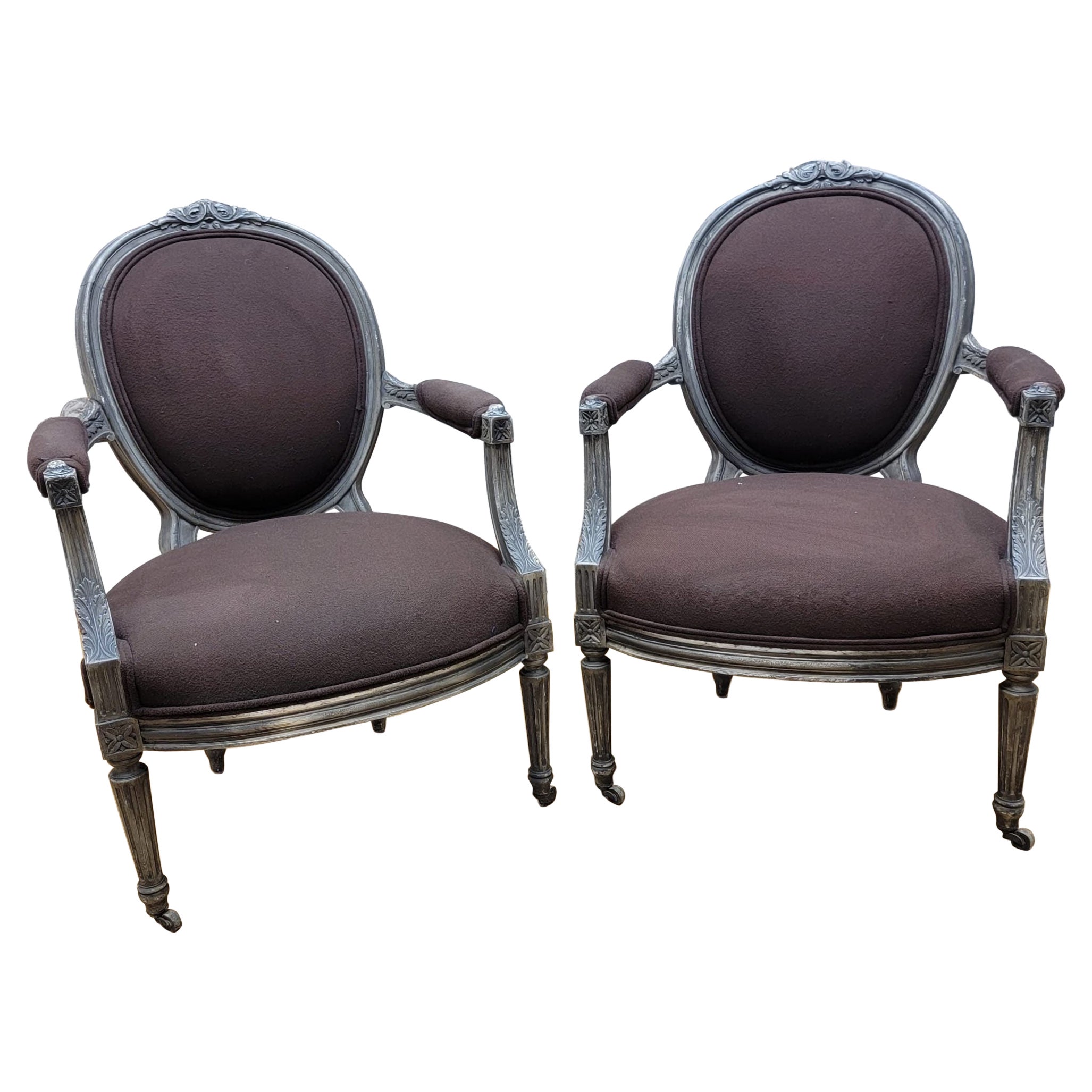 Antique French Louis XVI Hand Carved Silver Gilt Framed Fauteuil Armchairs-Pair For Sale