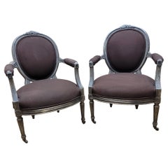 Antique French Louis XVI Hand Carved Silver Gilt Framed Fauteuil Armchairs-Pair