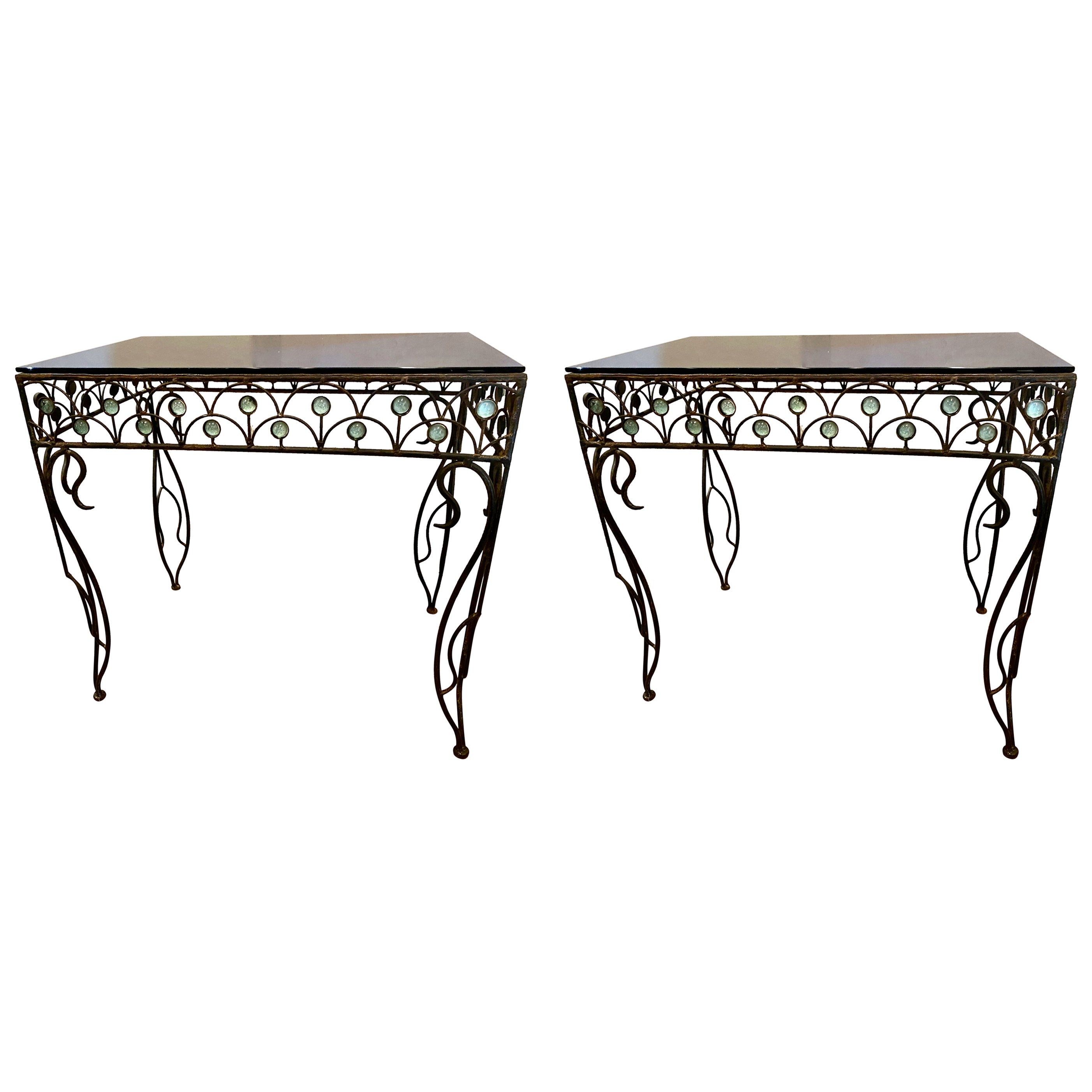 Pair French Deco Wrought Iron Side Tables