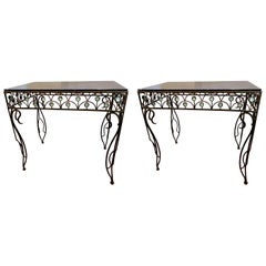 Vintage Pair French Deco Wrought Iron Side Tables