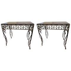 Pair French Deco Wrought Iron Side Tables