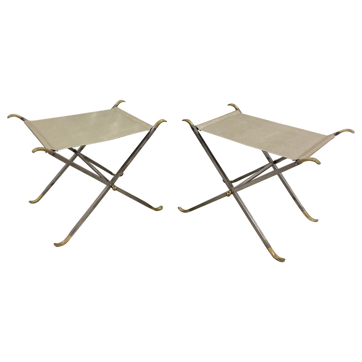 Pair of Italian Neoclassical Style Steel & Brass Folding Campaign Stools For Sale
