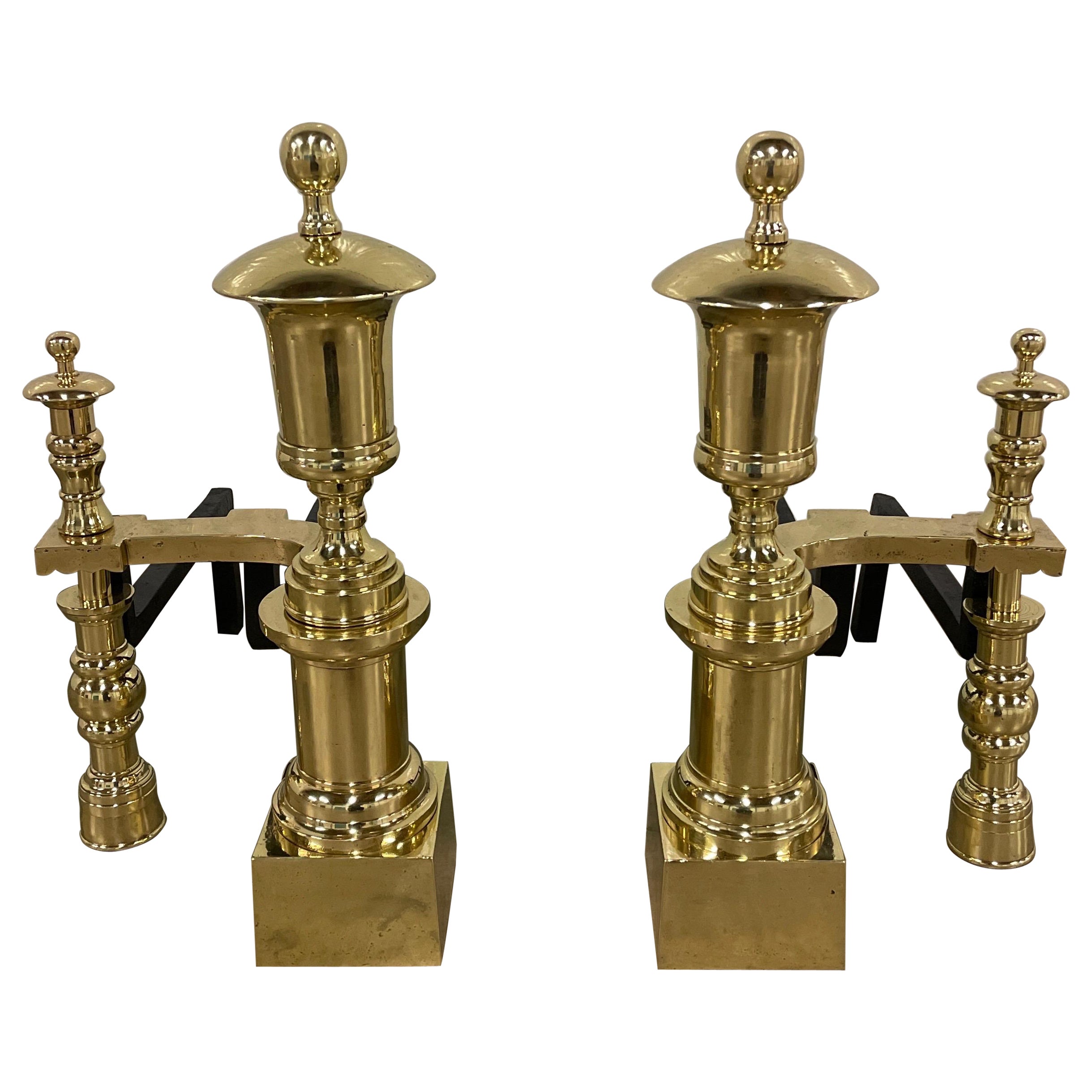 Pair of Antique Neoclassical Monumental Solid Brass Andirons For Sale