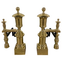 Pair of Antique Neoclassical Monumental Solid Brass Andirons