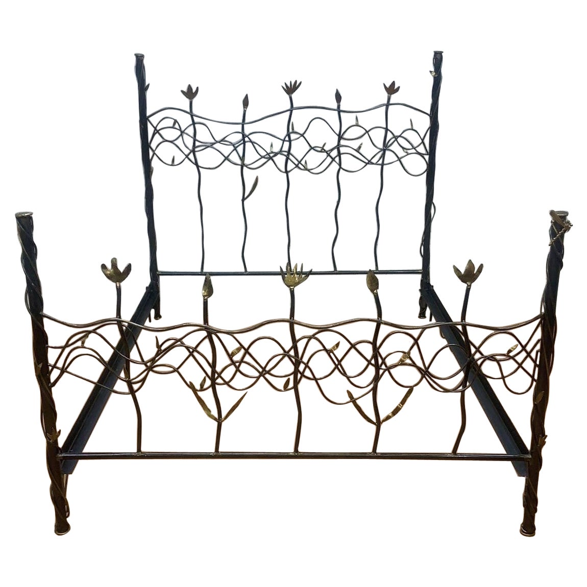 Vintage Modern Whimsical Hand Forged Steel & Brass Queen Bed Frame