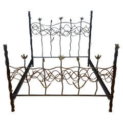 Vintage Modern Whimsical Hand Forged Steel & Brass Queen Bed Frame