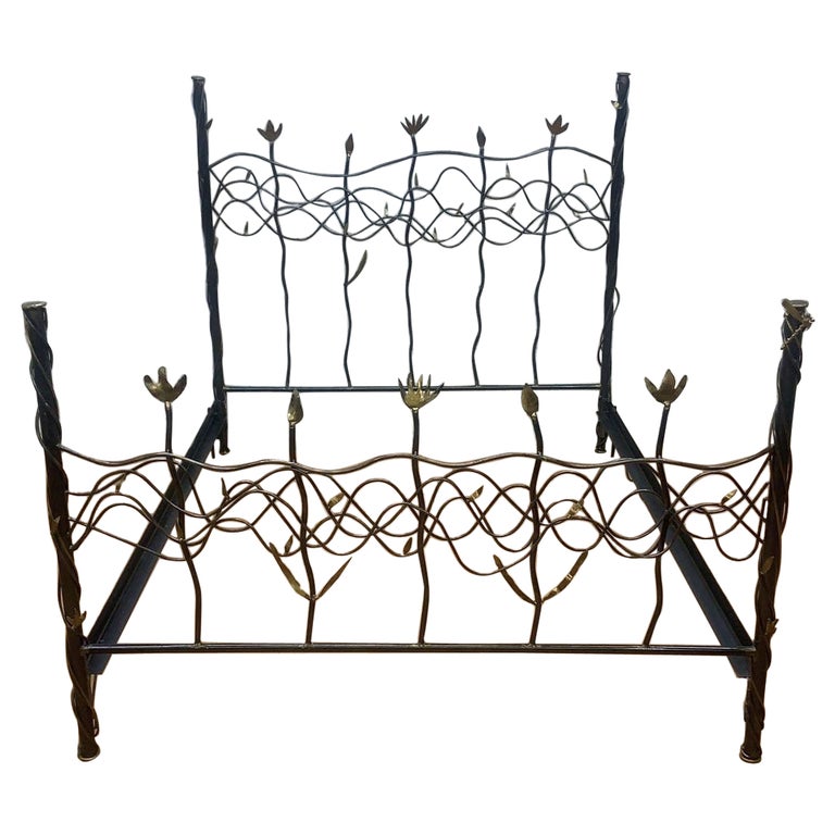 Vintage Modern Whimsical Hand Steel and Brass Queen Bed Frame