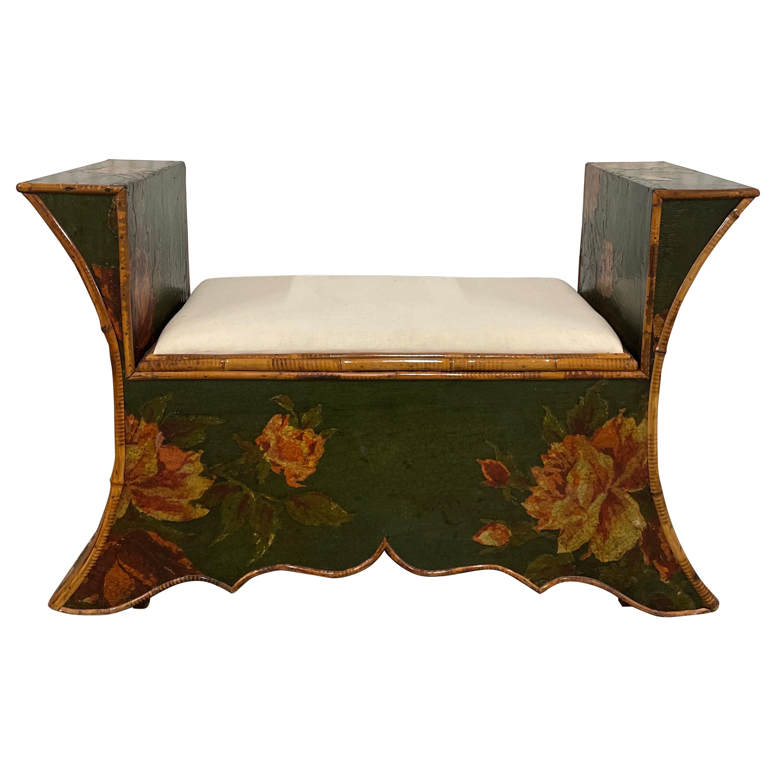 19th Century Decoupage and Bamboo Bench at 1stDibs