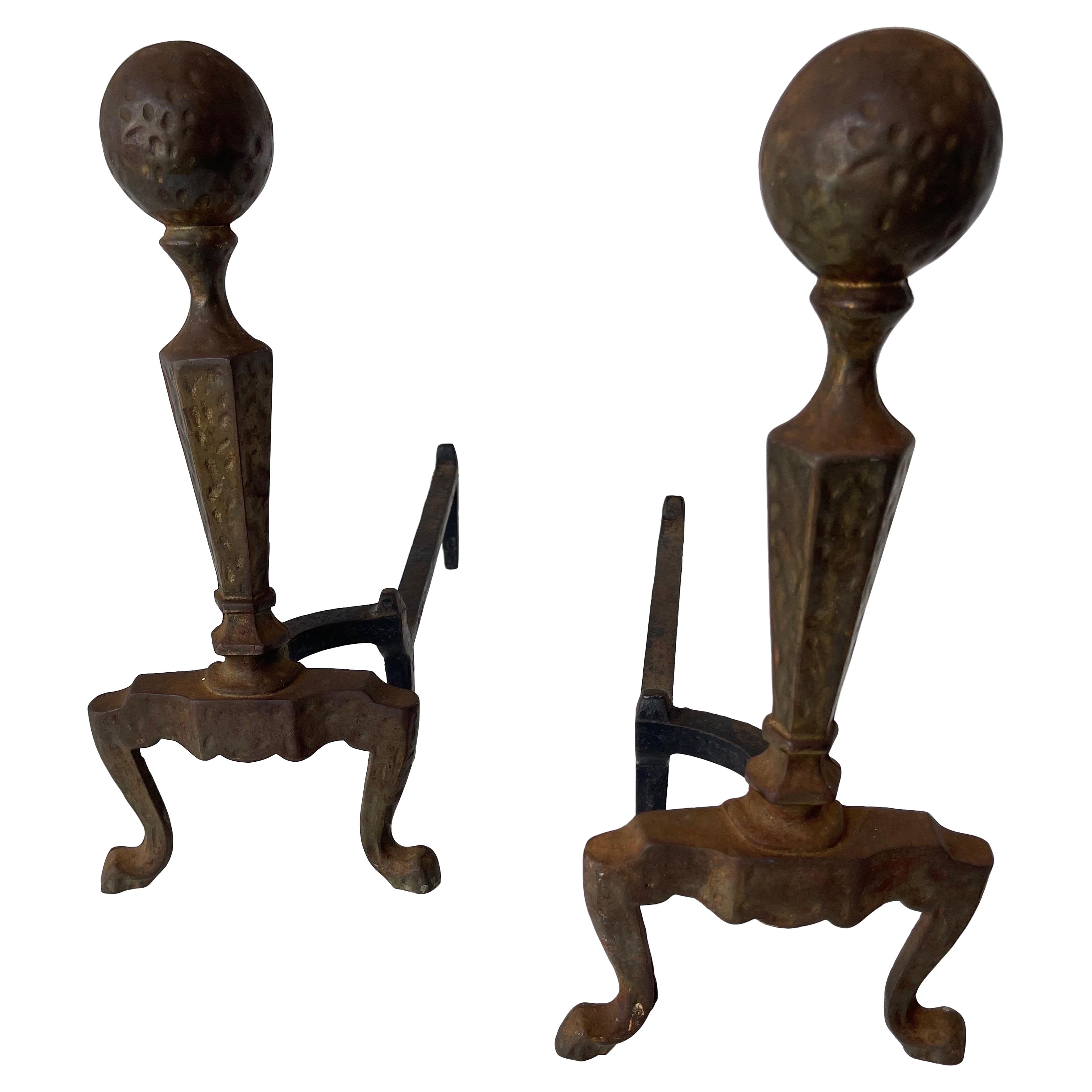 Pair of Art & Craft Hammered Cast Iron Andirons For Sale