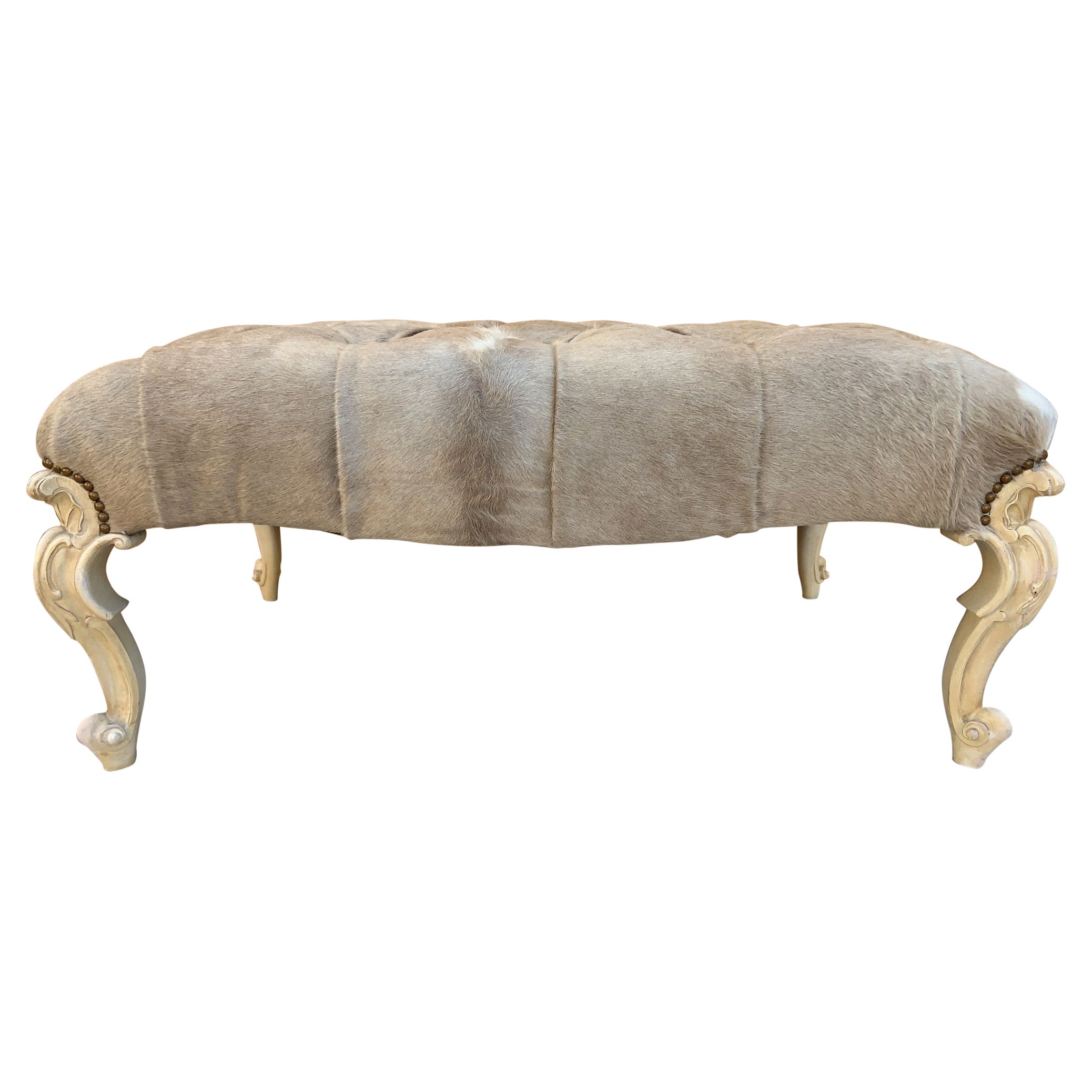 French Provincial Style Ottoman with Hand Carved Cabriole Legs Newly Upholstered For Sale