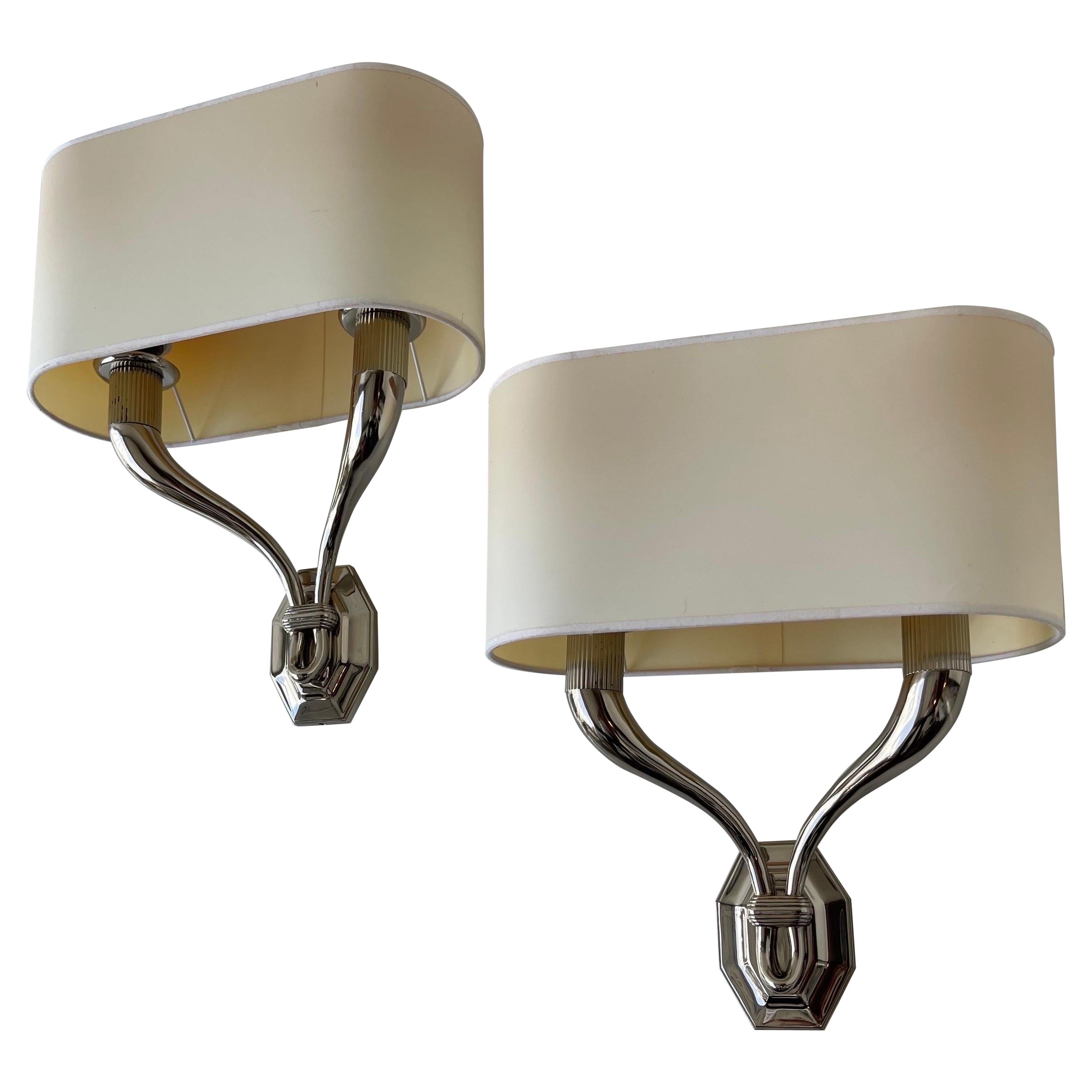 Pair of Pierre Yves Rochon Nickel Plated Brass French Sconces For Sale
