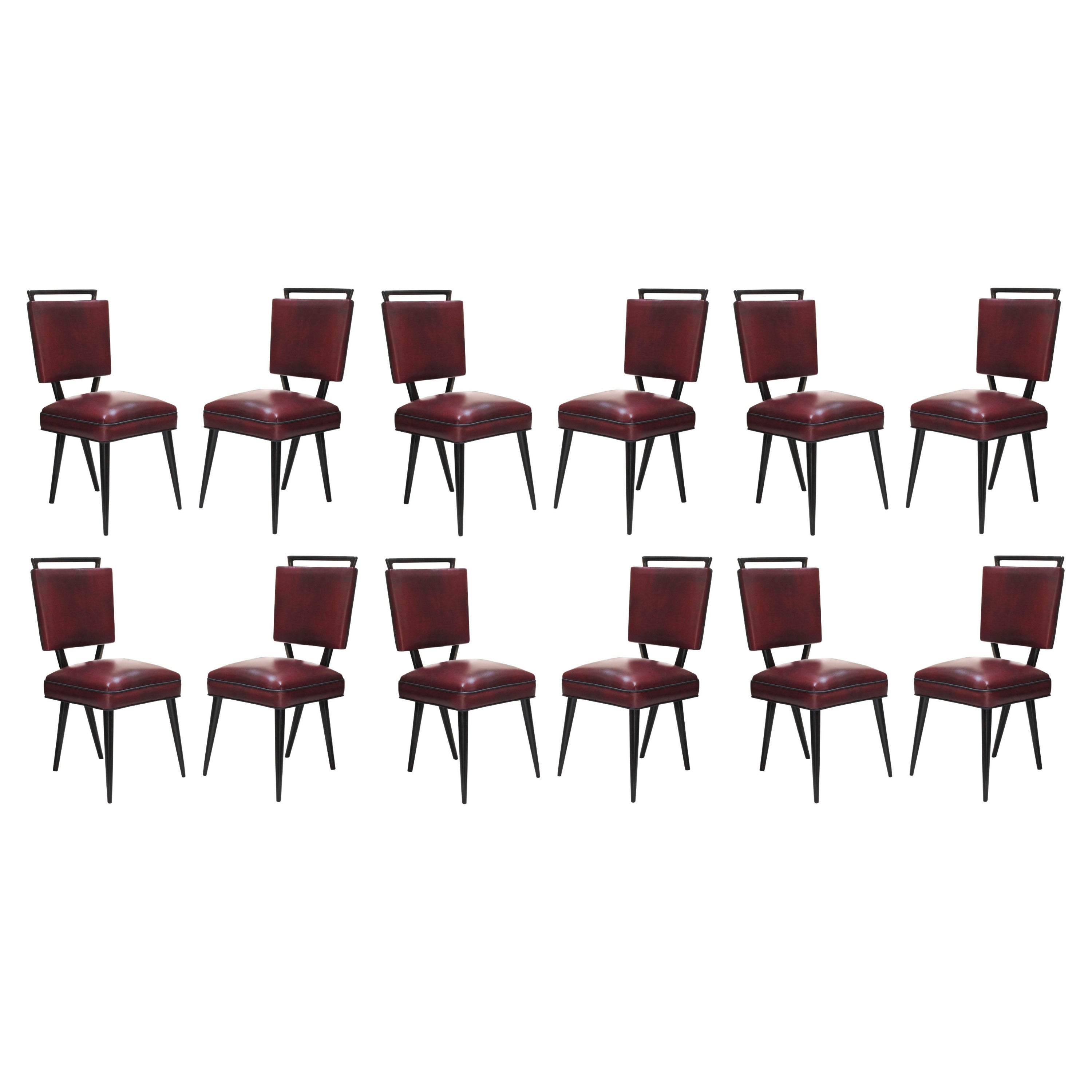 Set of 12 Chairs 50° in Leather and Wood, Italian