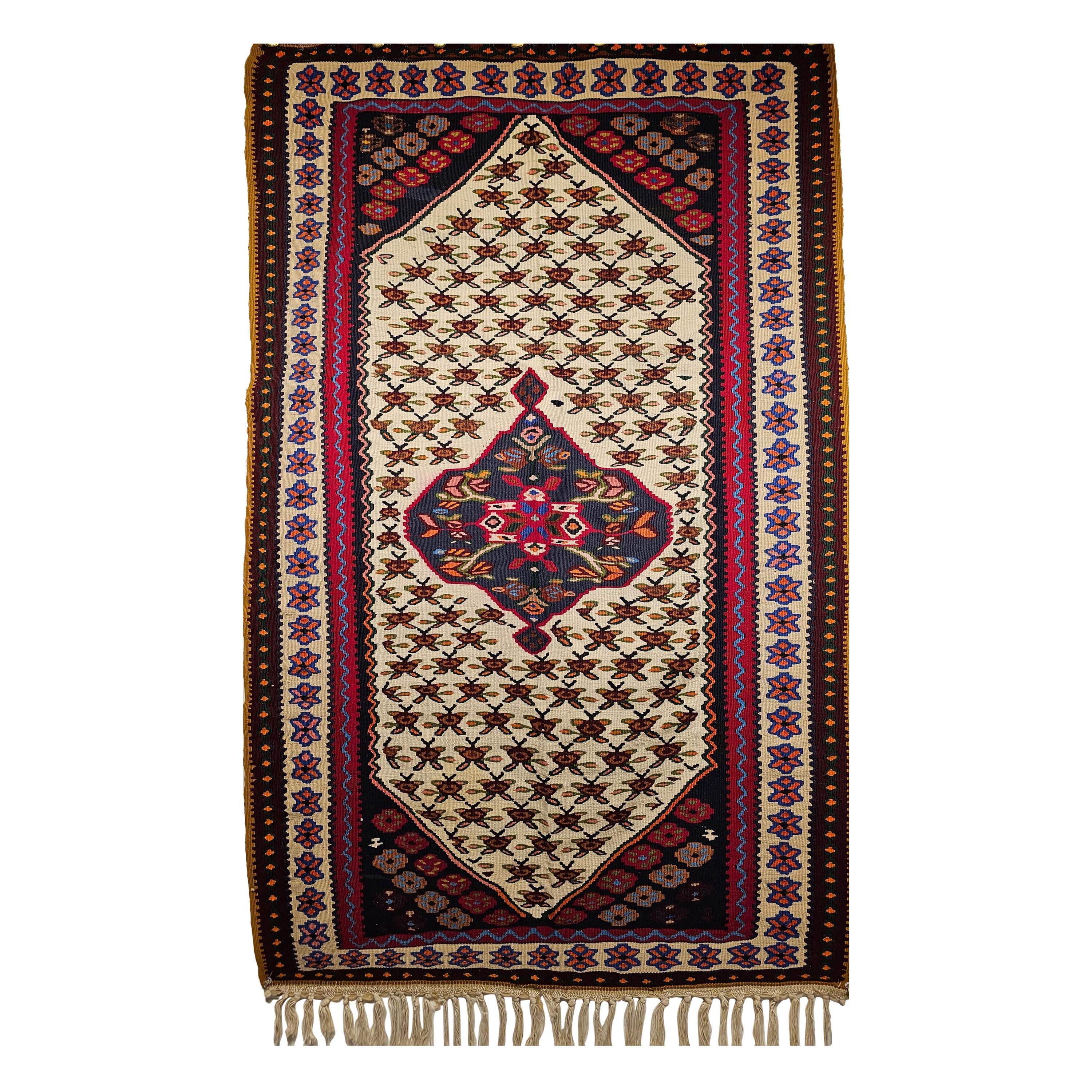 Vintage Persian Senneh Kilim Area Rug in Geometric Design in Ivory, Red, Blue For Sale