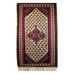 Used Persian Senneh Kilim Area Rug in Geometric Design in Ivory, Red, Blue