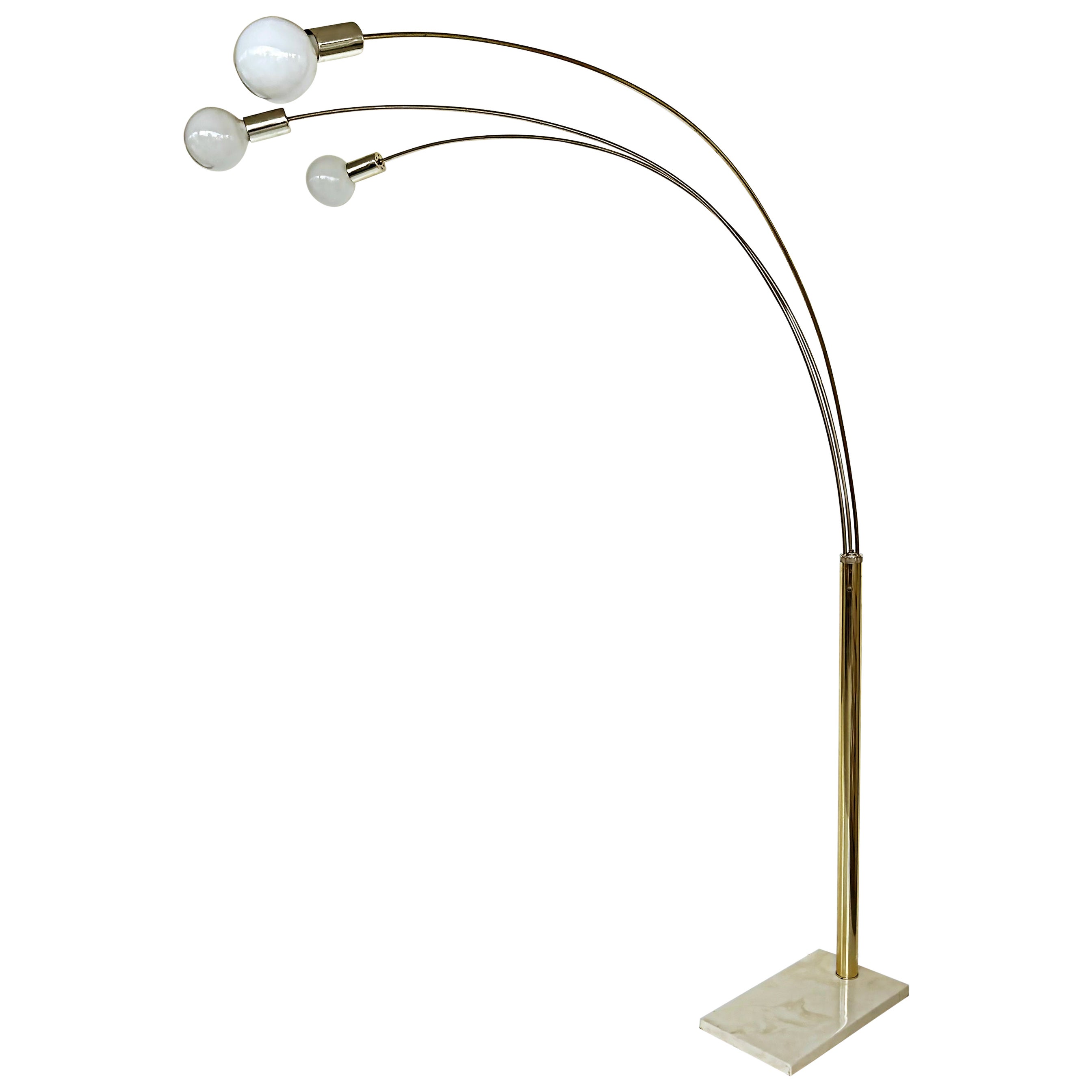 Mid-century Modern Brass Arched Floor Lamp, Marble Base For Sale