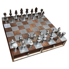Vintage 1960s Modernist Striking Chess Game Set Aluminum and Walnut Wood
