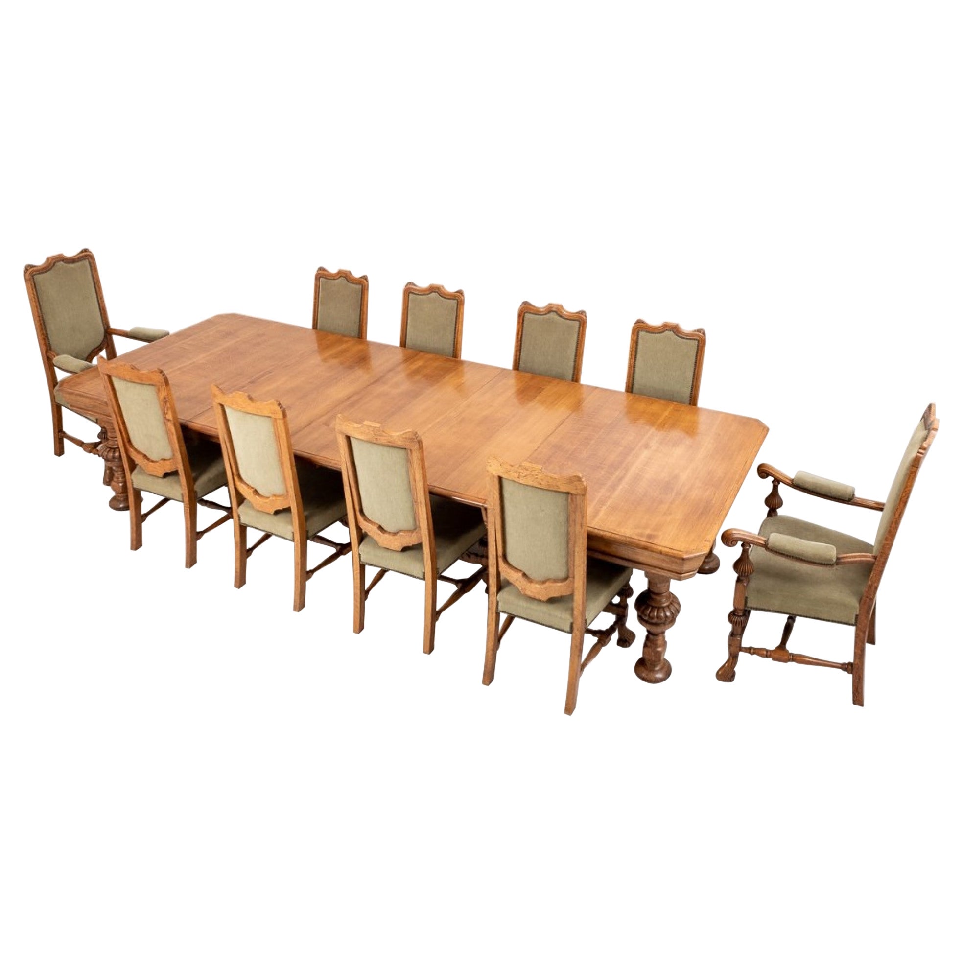 English Oak Refectory Dining Table and 6 Chairs Tan Leather For Sale at 1stDibs