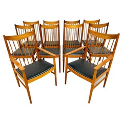 Midcentury Danish Modern Teak Spindle Dining Chairs, Set of 10
