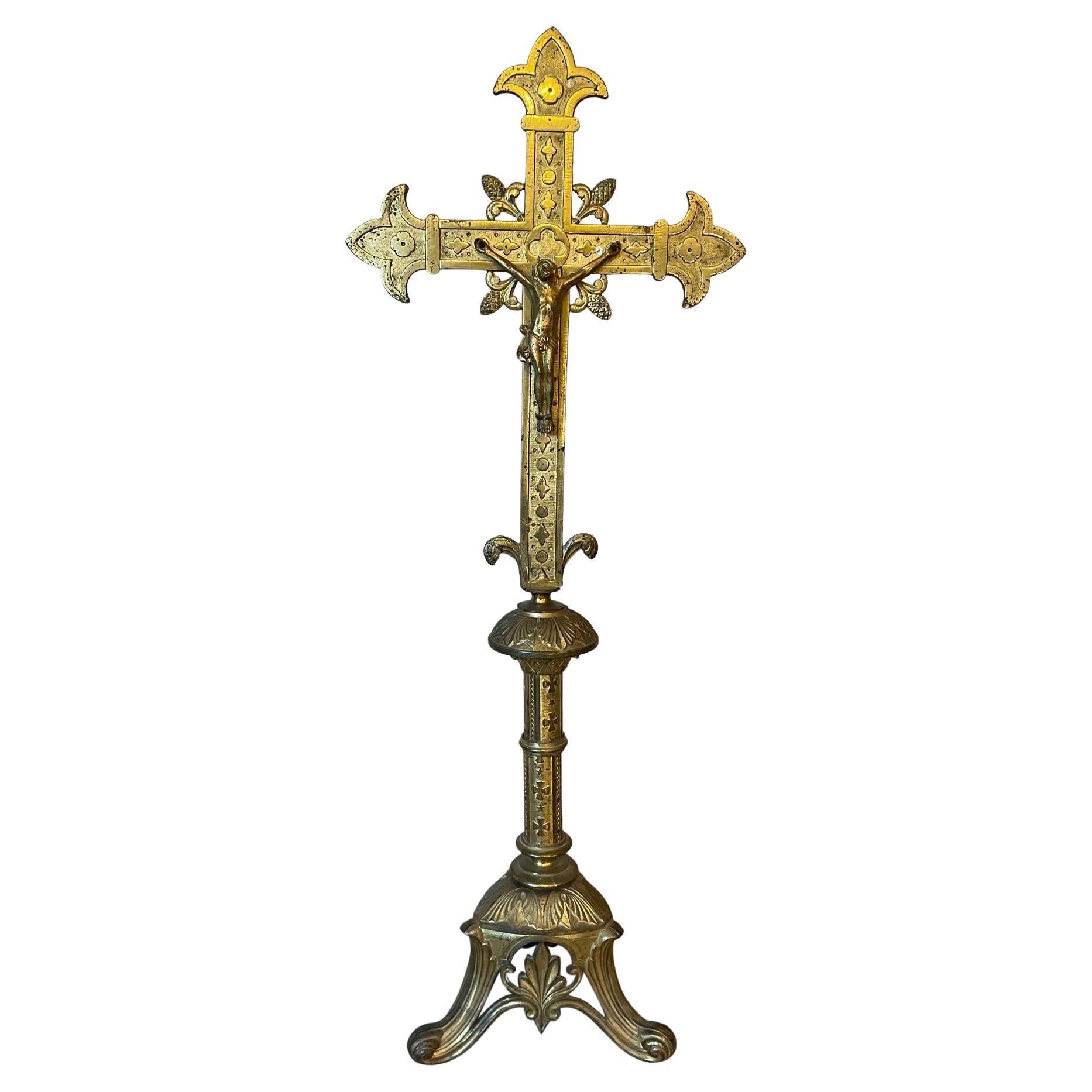 19th Century French Brass Christ Cross, 1880s For Sale