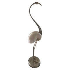 Vintage  Silvered Metal Sculpture of a Flamingo with a Pearly Shell, Italy 1970