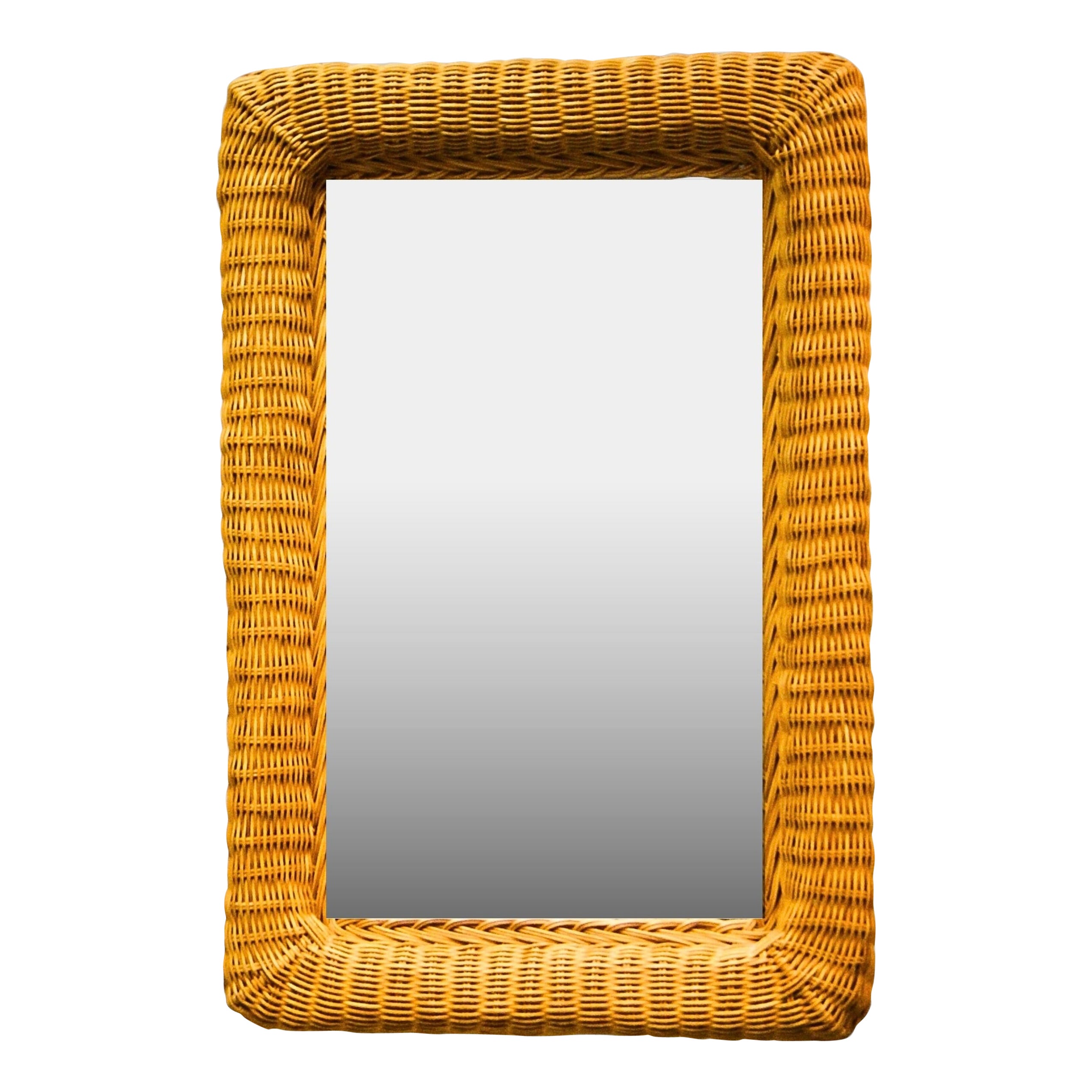 Midcentury Italian Rattan Wall Hanging Mirror Large Sized For Sale